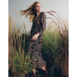 Zara Floral Black Long-sleeve Midi High-Lo Dress, EUC, Size S